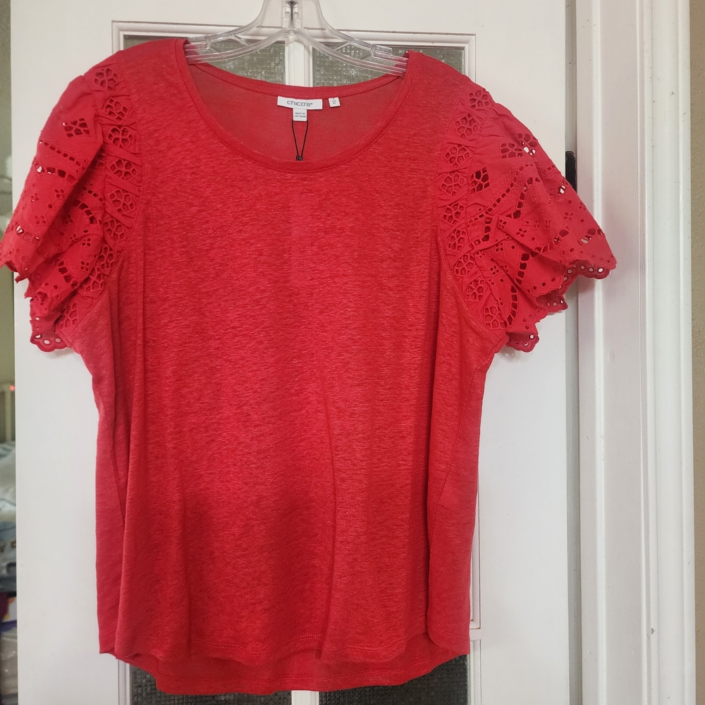 Chico's Red Eyelet Ruffle Sleeve Short-Sleeve Tee